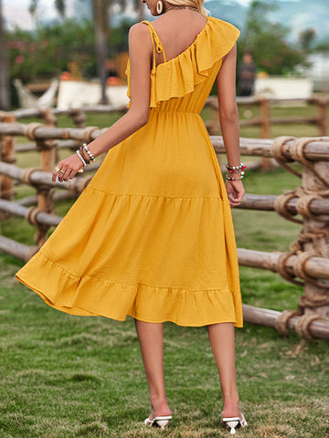 Airchics Élégant Une Épaule Solide Couleur Volants Robe À La Taille